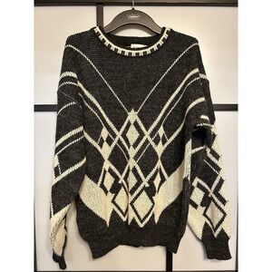 Vintage 90s Robert Bruce Patterned Geometric Sweater Mens Medium Navy Blue White